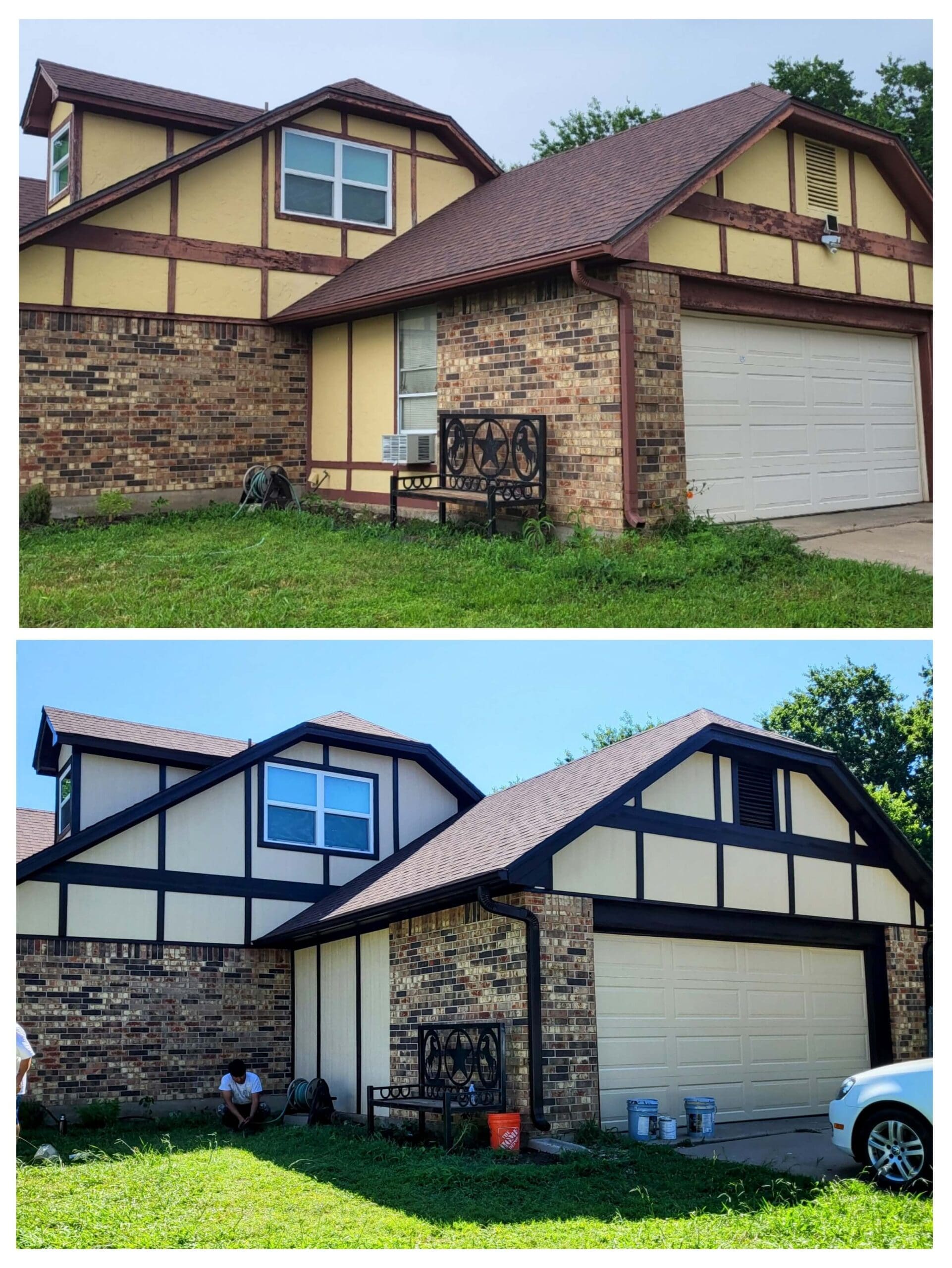 Before and after: house with a exterior paint transformed, showcasing the stunning renovation.